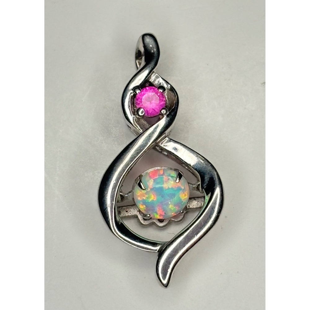 Vintage 925 Sterling Silver Modernist Ruby Opal Infinity Filigree Pendant